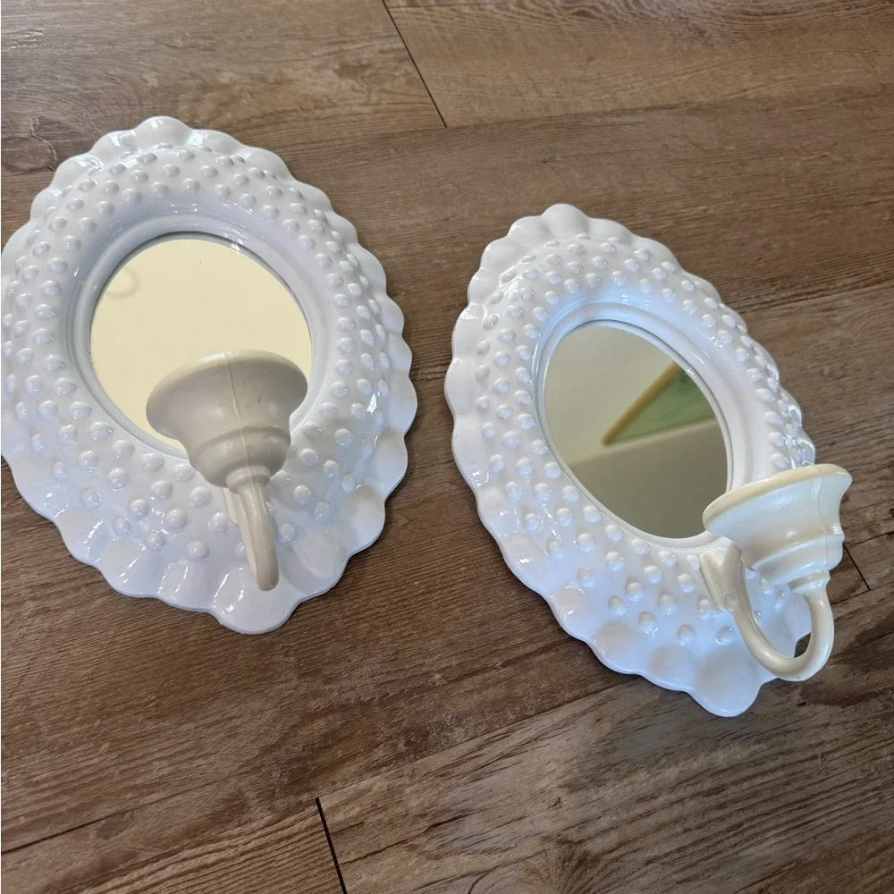 Vintage White Hobnail Sconce Mirror Candle Holder Mirror